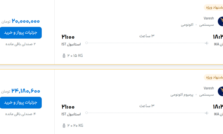 قیمت پرواز تهران - استانبول، امروز دوشنبه ۴ آبان ۱۴۰۵
