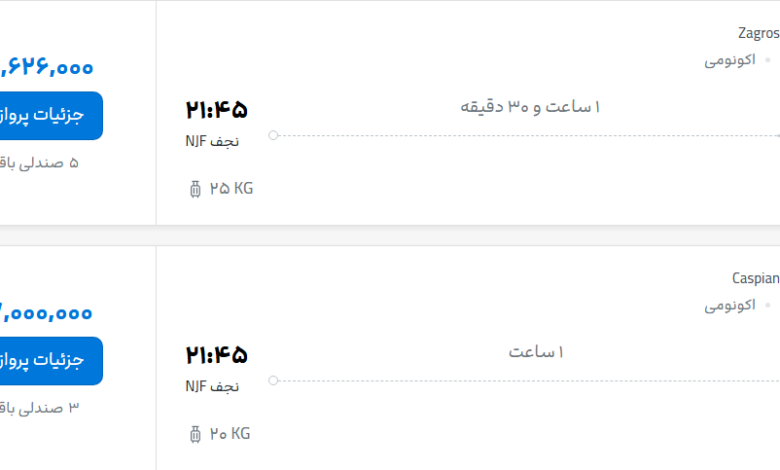 قیمت پرواز تهران - نجف، امروز دوشنبه ۲۰ مهر ۱۴۰۵