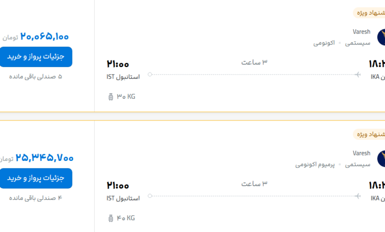قیمت پرواز تهران - استانبول، امروز پنجشنبه ۷ آبان ۱۴۰۵